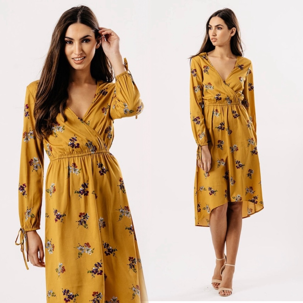 Mustard floral print boho  midi dress